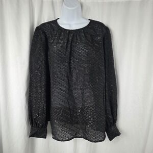 Alfani Blouse Womens Large Black Sheer Glitter Geometric Long Sleeve Top NWT